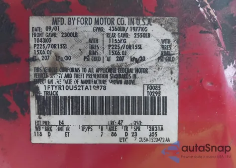 2002 Ford Ranger Edge/Xl/Xlt z USA, uszkodzony, nr VIN 1FTYR10U52TA19078